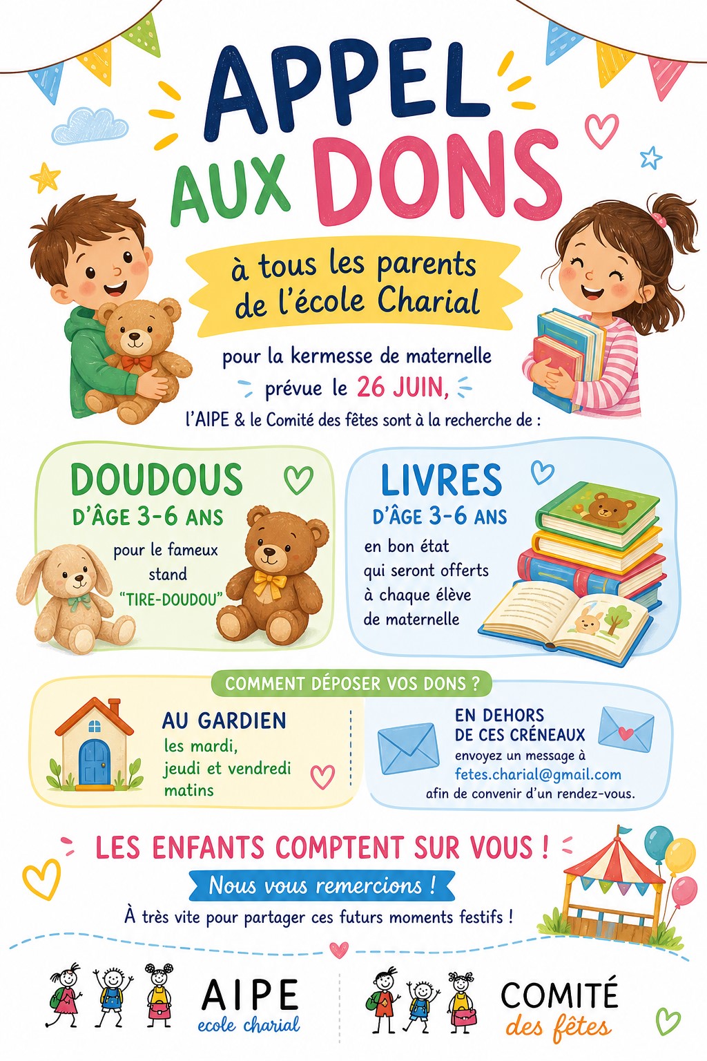 Affiche d4appel aux dons pour la kermesse du 26 juin
